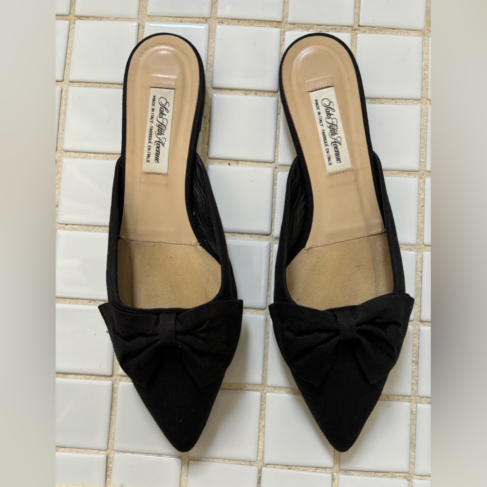 Saks Fifth Avenue fabric black ballet mules with bows, size 10
